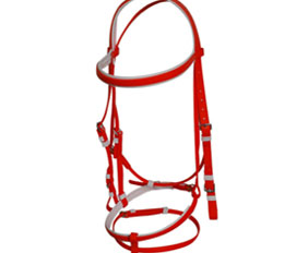 Red horse bridle with two nosebands for race
