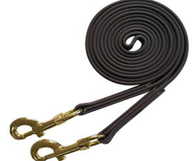 Brown PVC coated nylon horse riding rein with 2 gold snap hooks