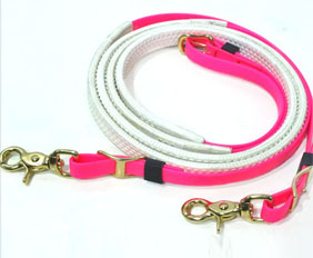 Hot pink endurance horse rein with brass snap hooks