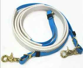 Sky blue endurance reins with white anti-slip rubber grip 2 brass hooks