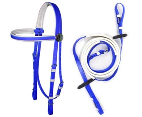 Baby blue PVC horse riding headstall with rein