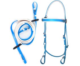 Sky blue horse riding racing trail bridle headstall with rein