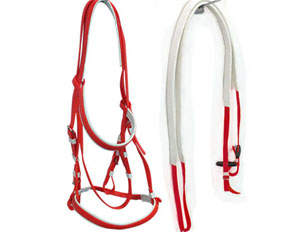 Red horse saddlery bridles with one noseband made from PVC
