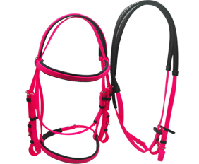 Hot pink horse bridle and rein with black soft padding