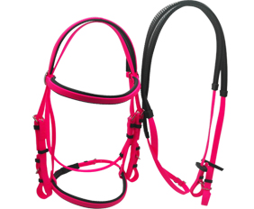 Hot pink horse bridle and rein with black soft padding