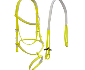 A well-fitted horse bridle with two nosebands in neon yellow