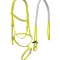 A well-fitted horse bridle with two nosebands in neon yellow