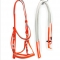 Neon orange PVC bridles and reins with soft padding on nose