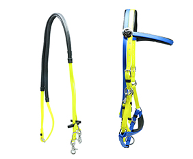 draft horse bridle and rein supplies in yellow and blue